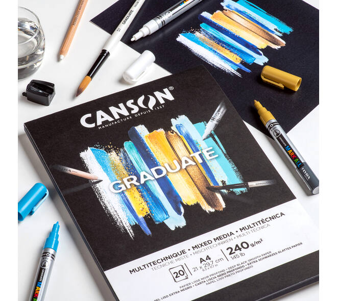 Mixed mediapapier Canson Graduate Mixed Media 20vel 240gr A4 zwart