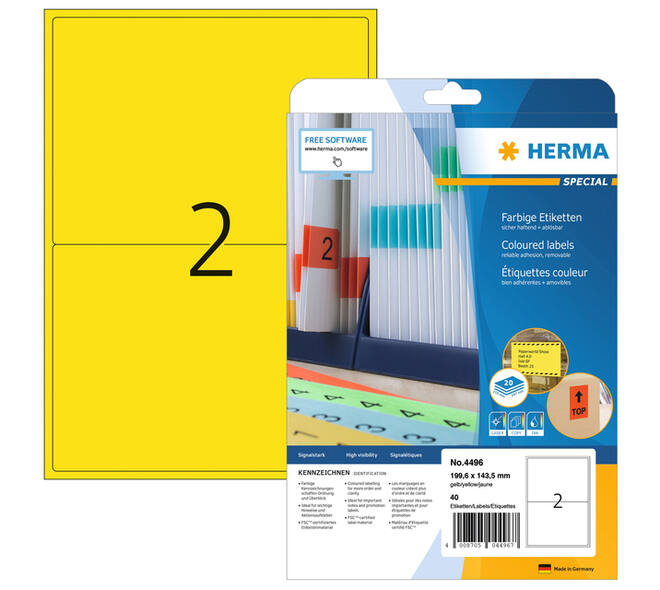 Etiket HERMA 4496 199.6x143.5mm geel 40 stuks