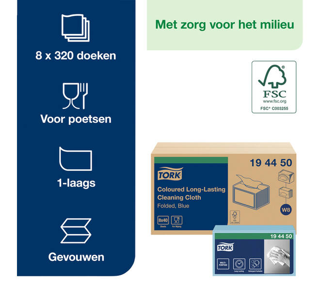 Reinigingsdoek Tork W8 Premium 1-laags 40 vel blauw 194450