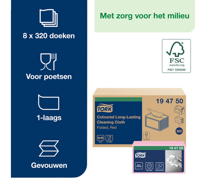 Reinigingsdoek Tork W8 Premium 1-laags 40 vel rood 194750