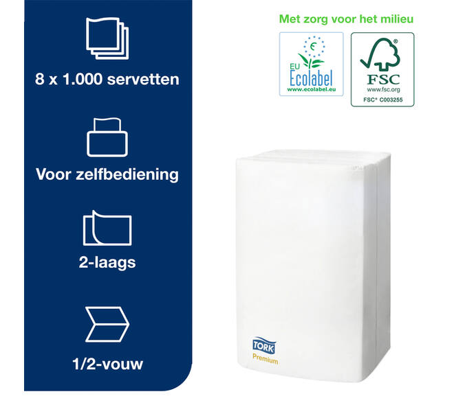 Servet Tork N4 Xpressnap Premium 1/2 vouw 2-laags 213x165mm 1000 vel wit 15850