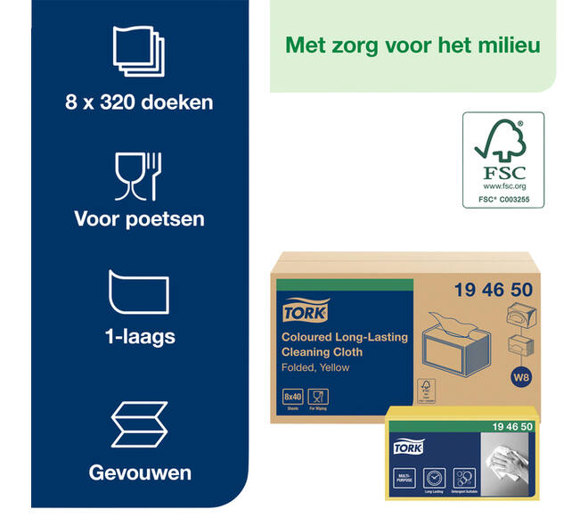 Reinigingsdoek Tork W8 Premium 1-laags 40 vel geel 194650