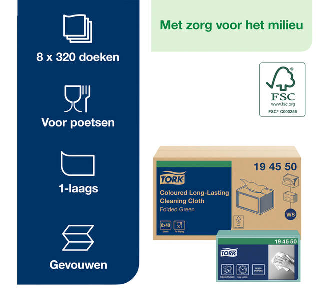 Reinigingsdoek Tork W8 Premium 1-laags 40 vel groen 194550