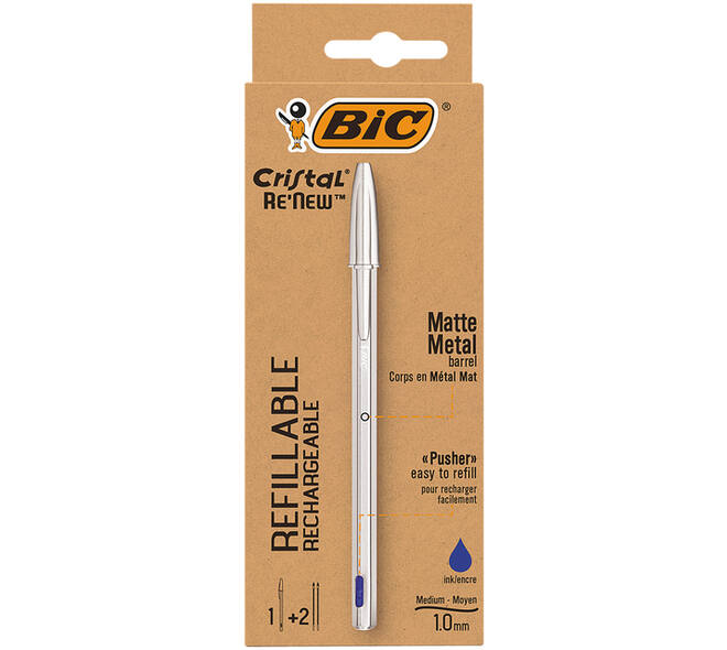 Balpen Bic Cristal Re-new medium zilver + 2 vullingen blauw