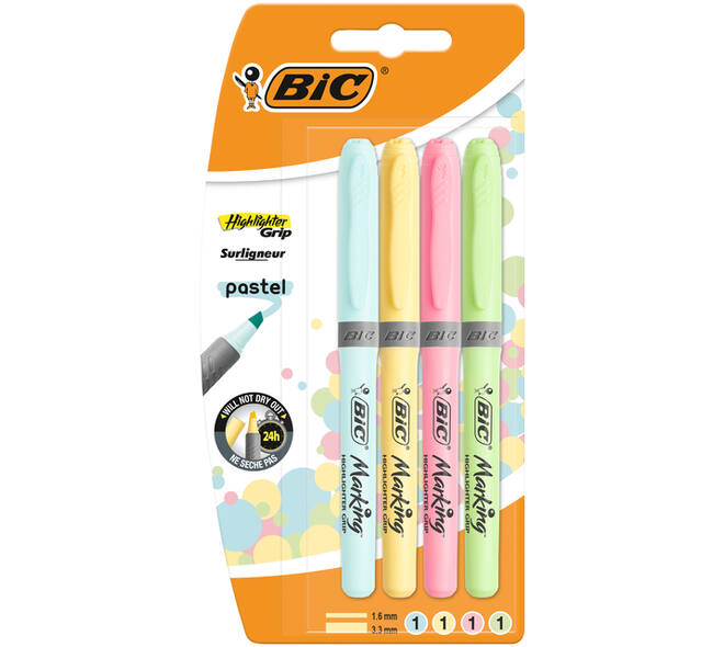 Markeerstift Bic grip pastel assorti blister à 4 stuks
