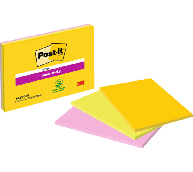 Memoblok Post-it 6445 Super Sticky 152x101mm assorti 3st