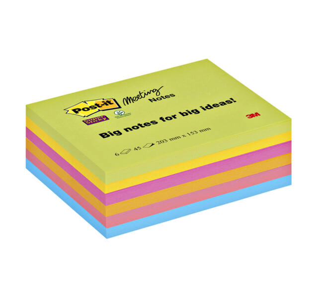 Memoblok Post-it 8645 Super Sticky 203x153mm assorti 6 stuks