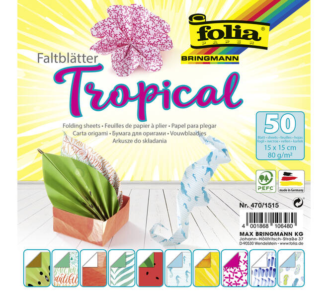 Vouwblaadjes Folia 80gr 15x15cm 50 vel 2-zijdig 10 tropical designs