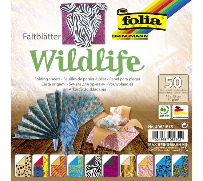 Vouwblaadjes Folia 80gr 15x15cm 50 vel 2-zijdig 10 wildlife designs