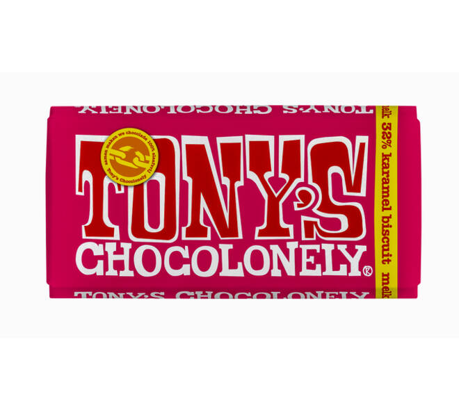Chocolade Tony's Chocolonely melk karamel biscuit reep 180gr