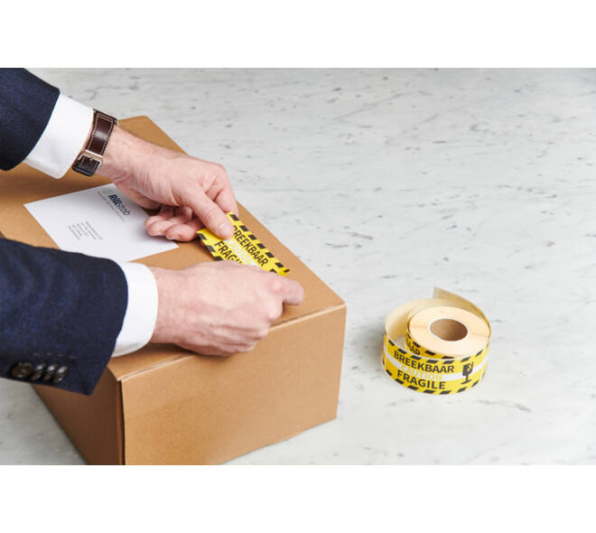 Waarschuwingsetiket Rillprint fragile 46x125mm geel 250 stuks