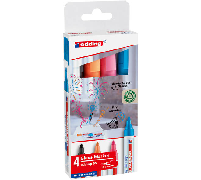 Viltstift edding 95 glasbord rond 1.5-3mm incl zwart assorti 4 stuks