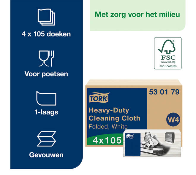 Reinigingsdoek Tork W4 Premium Heavy-Duty gevouwen 1-laags 4x105 vel wit 530179
