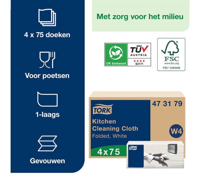 Reinigingsdoek Tork W4 Premium gevouwen 1-laags 4x75 vel wit 473179
