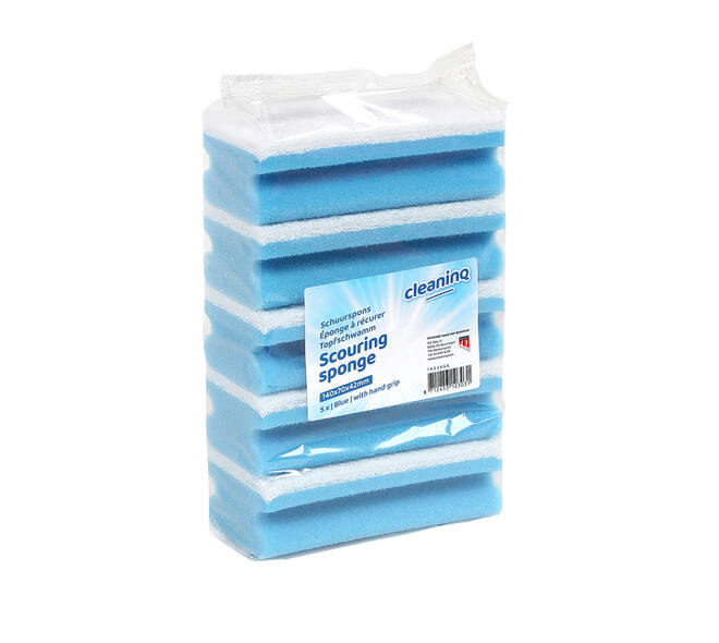 Schuurspons Cleaninq met greep 140x70x42mm blauw/wit 5 stuks