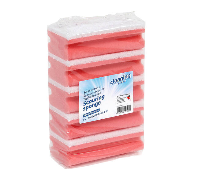 Schuurspons Cleaninq met greep 140x70x42mm rood/wit 5 stuks