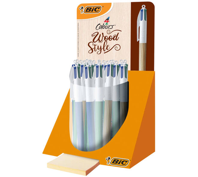 Balpen Bic 4kleuren wood medium assorti