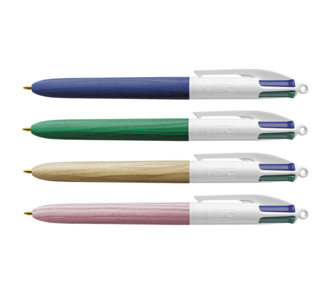 Balpen Bic 4kleuren wood medium assorti