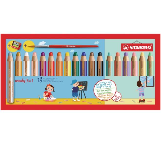 Kleurpotloden STABILO 880 woody 3 in 1 slijper-penseel assorti 18st