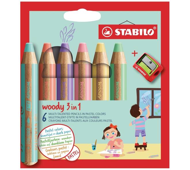 Kleurpotloden STABILO 880 woody slijper pastel assorti 6 stuks