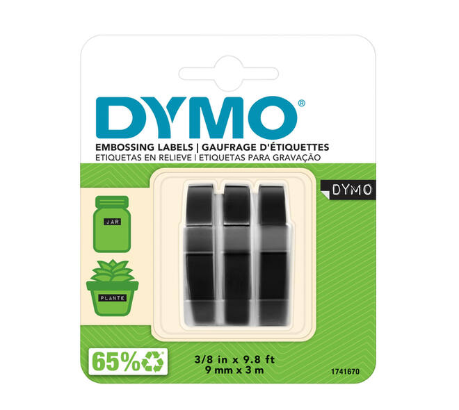 Reliëftape Dymo embossing plastic 9mm zwart op wit 3 stuks