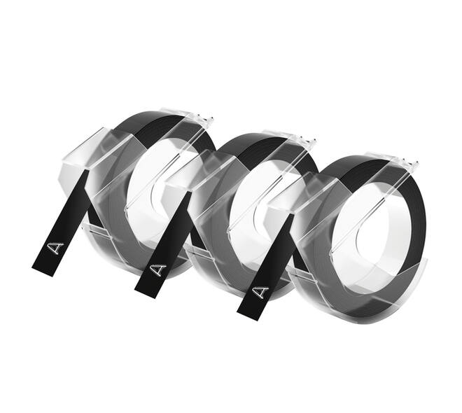 Reliëftape Dymo embossing plastic 9mm zwart op wit 3 stuks