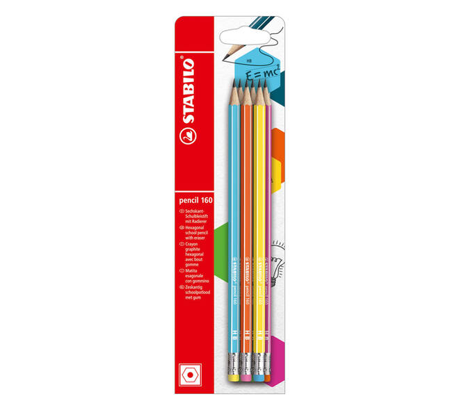 Potlood STABILO grafiet 160 HB met gumtop assorti blister à 6 stuks