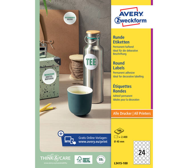 Etiket Avery L3415 rond 40mm wit 2400 stuks