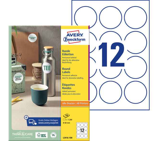 Etiket Avery L3416 rond 60mm wit 1200 stuks