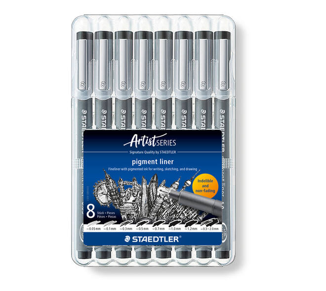 Fineliner Staedtler Pigment 308 zwart 8 stuks