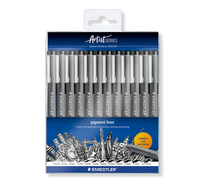 Fineliner Staedtler Pigment 308 zwart set à 12 breedtes
