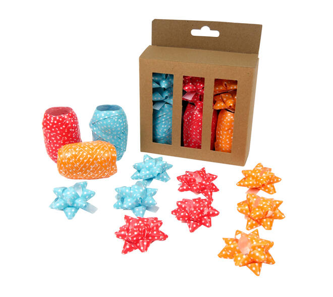 Krullint en strik rood/oranje/blauw 12 stuks