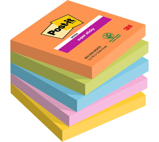 Memoblok Post-it 654 Super Sticky 76x76mm Boost 5 stuks