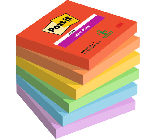 Memoblok Post-it 654 Super Sticky 76x76mm Playful 6 stuks