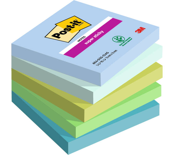 Memoblok Post-it 654 Super Sticky 76x76mm Oasis 5 stuks