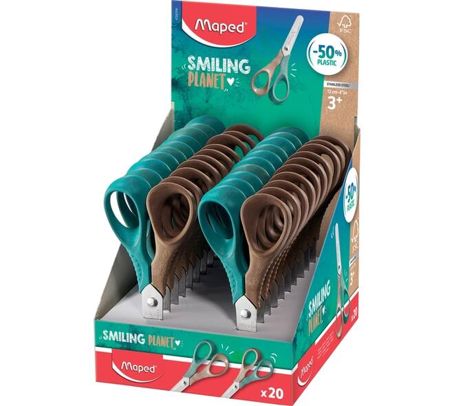 Schaar Maped Smiling Planet 12cm display à 20 stuks bruin/groen