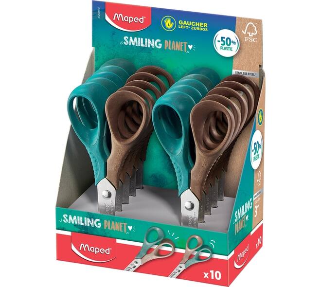 Schaar Maped Smiling Planet 12cm links display à 10 stuks assorti