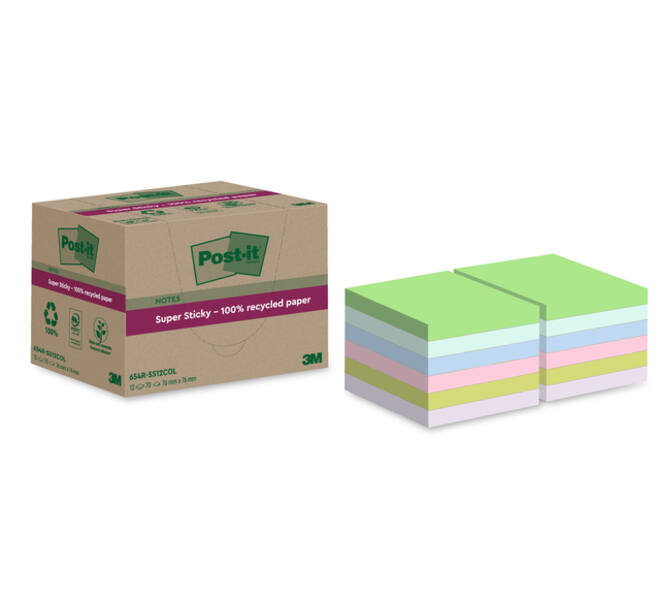 Memoblok Post-it 654 RSS12COL 76x76mm recycled colour notes pastel 12 stuks