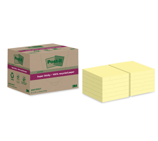 Memoblok Post-it Super Sticky 654 RSS12CY recycled 76x76mm canary yellow 12 stuks