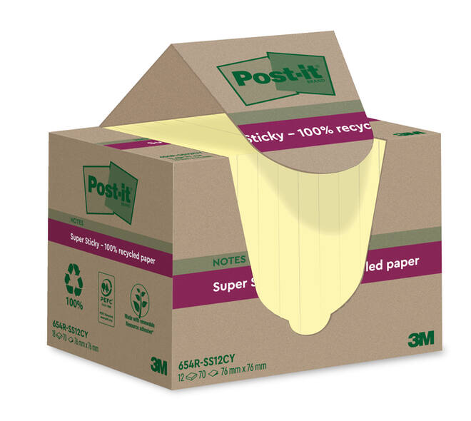 Memoblok Post-it Super Sticky 654 RSS12CY recycled 76x76mm canary yellow 12 stuks