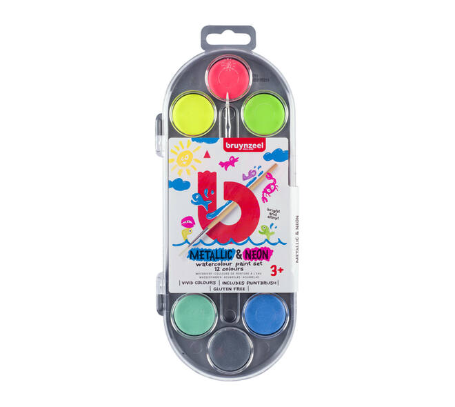 Waterverfset Bruynzeel Kids penseel assorti metallic en neon 12 napjes