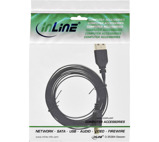 Kabel InlLne USB-A mini-B 2.0 platte kabel 2 meter zwart