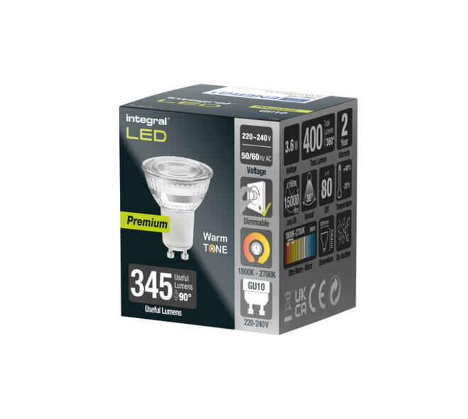 Ledlamp Integral GU10 1800-2700K warm wit 3.6W 380lumen