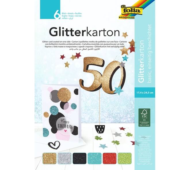 Glitterkarton Folia 174x245mm 6 vel basis assorti