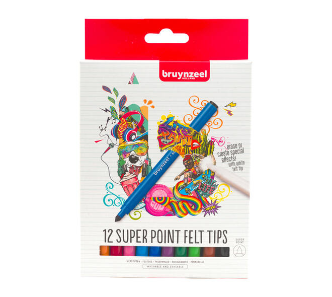 Viltstift Bruynzeel Super Point met witte wisstift assorti 12 stuks