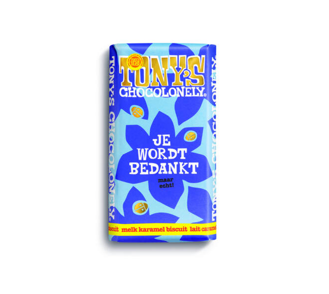 Chocolade Tony's Chocolonely je wordt bedankt reep melk karamel biscuit 180gr