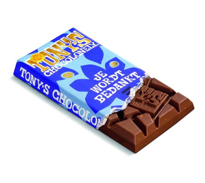 Chocolade Tony's Chocolonely je wordt bedankt reep melk karamel biscuit 180gr