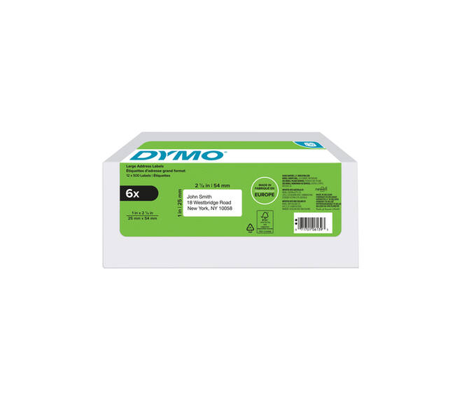 Etiket Dymo LabelWriter adressering 25x54mm 6 rollen á 500 stuks wit