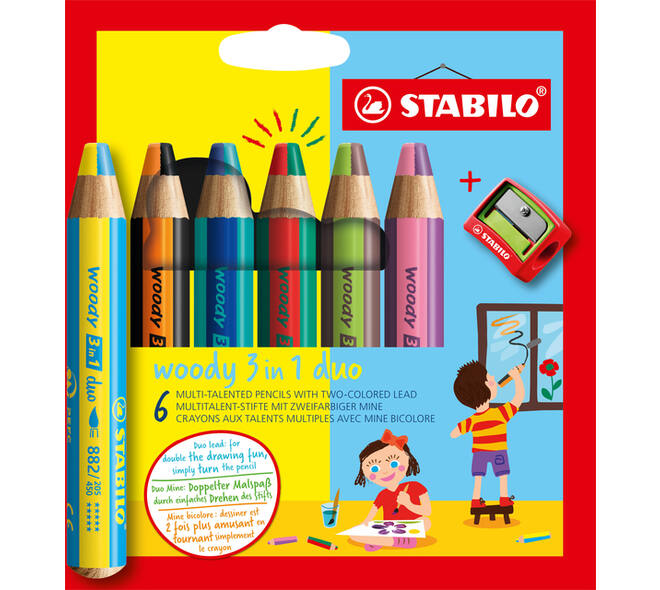 Kleurpotloden STABILO 882 woody 3 in 1 duo puntenslijper ass 6st