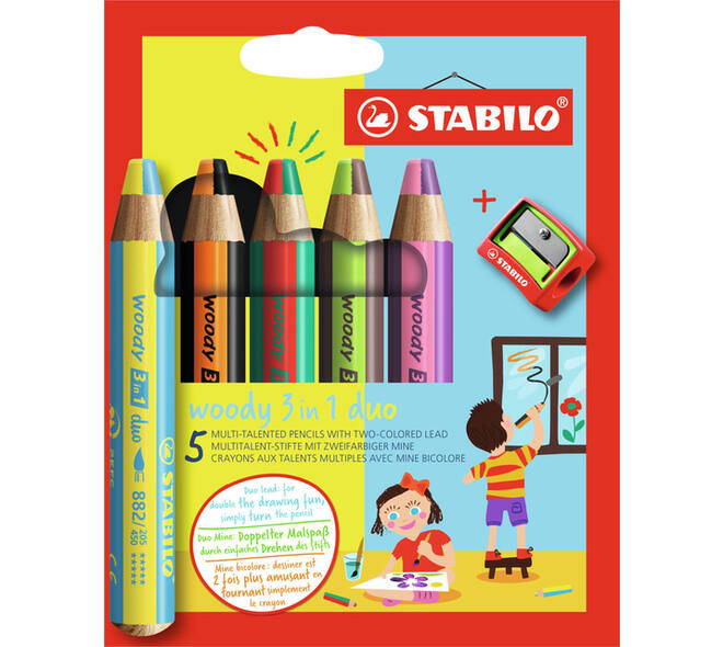 Kleurpotloden STABILO 882 woody 3 in 1 duo puntenslijper assorti 5st